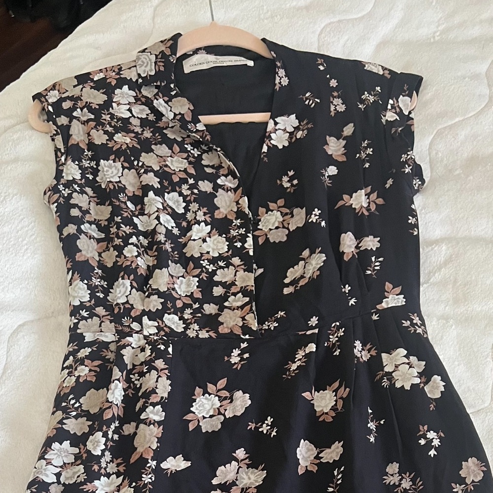 Golden Goose mix media long dress. Black flowers pleated hem partial, silk